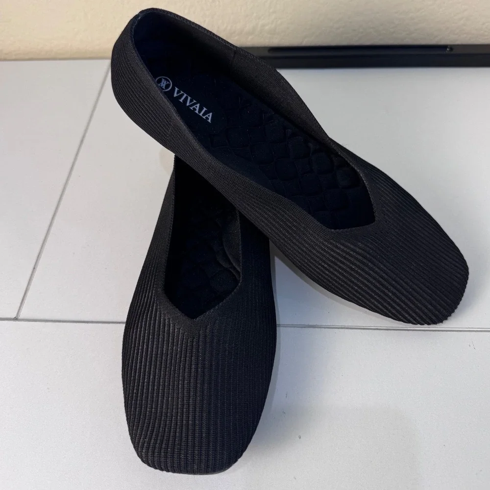 Vivaia Flat Shoes Women Size 9 40 Black Knit Square Toe Sustainable Washable